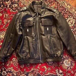 G-Gator exotic  skins Men's Black Leather Bomber Jacket